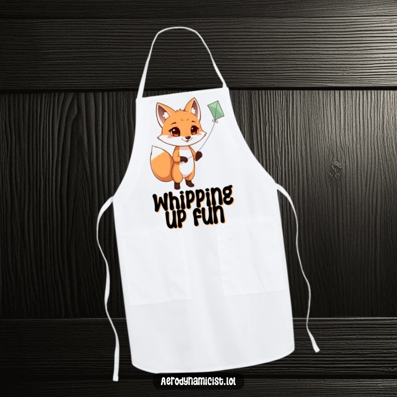 Funny Apron: A determined fox joyfully flying a kite with its tail wagging, adding a humorous and practical element to kitchen tasks.
