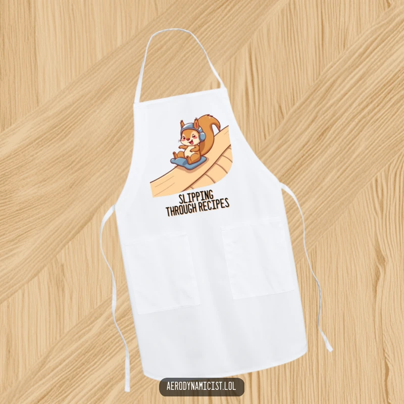 Funny Apron: A happy squirrel wearing a helmet, speeding down a winding ramp, adding a humorous and protective layer for kitchen tasks.