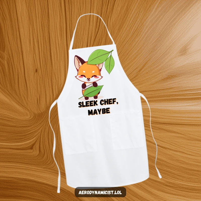 Funny fox cub with a measuring tape, measuring leaf sleekness on a cooking apron, adding humor to kitchen tasks.