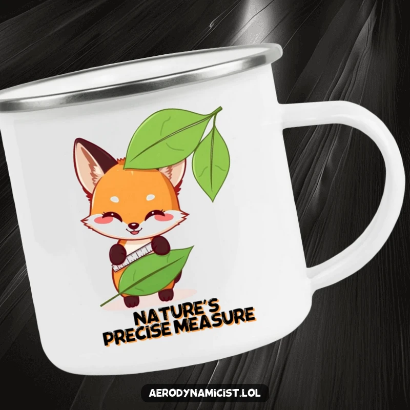 Funny fox cub with a measuring tape, measuring leaf sleekness on a rugged camping mug, ready for outdoor adventures.
