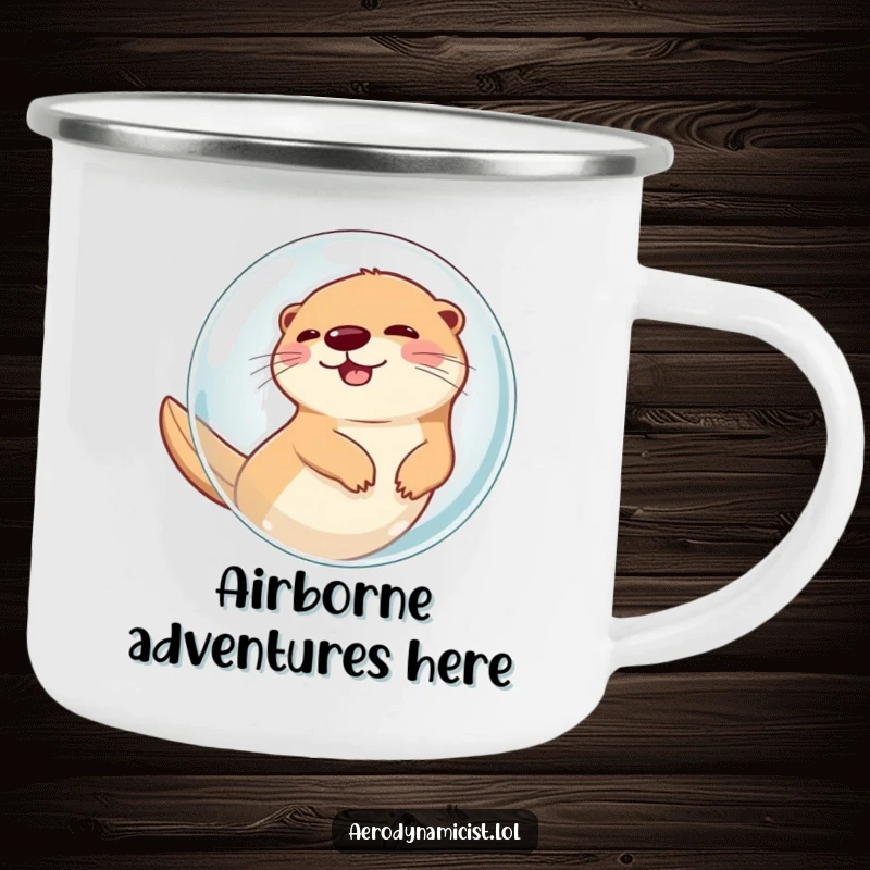 Funny Camping Mug: A giggling otter in a bubble rapidly flying through the air, bringing a sense of whimsical adventure to outdoor beverages.