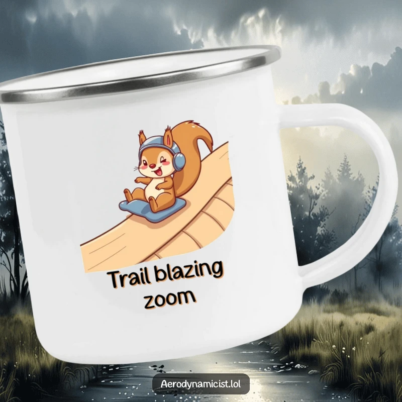 Funny Camping Mug: A happy squirrel wearing a helmet, speeding down a winding ramp, bringing a sense of playful adventure to outdoor drinks.