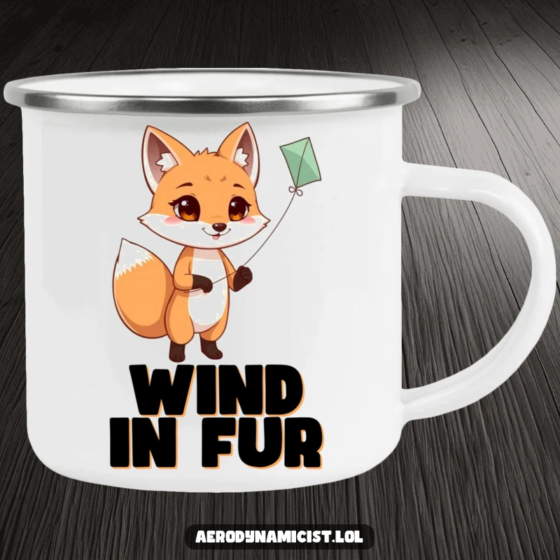 Funny Camping Mug: A determined fox with a wagging tail flying a kite high in the sky, bringing a sense of playful adventure to outdoor drinks.