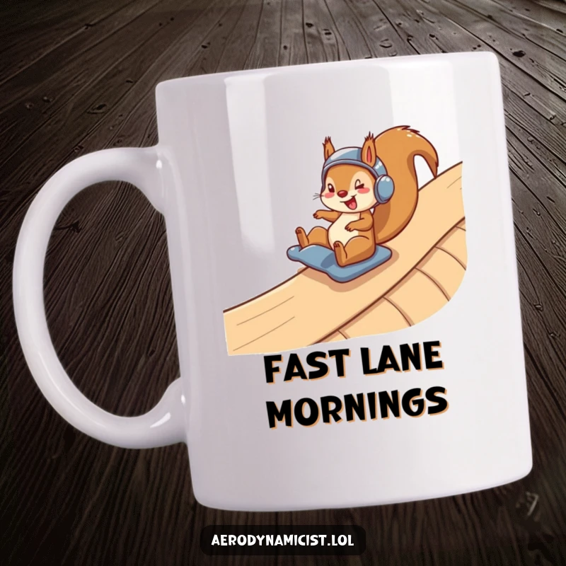 Funny mug showing a happy squirrel in a helmet speeding down a long, winding ramp with a look of sheer exhilaration and joy.