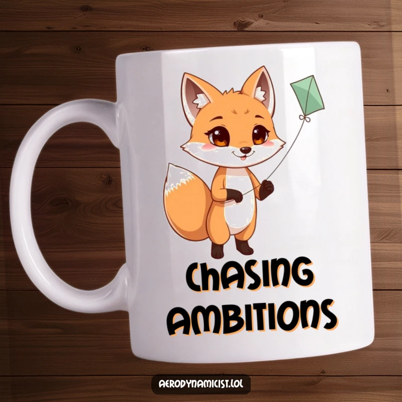 Funny mug depicting a determined fox with a wagging tail, intently holding a kite string as its kite soars triumphantly in a blue sky.