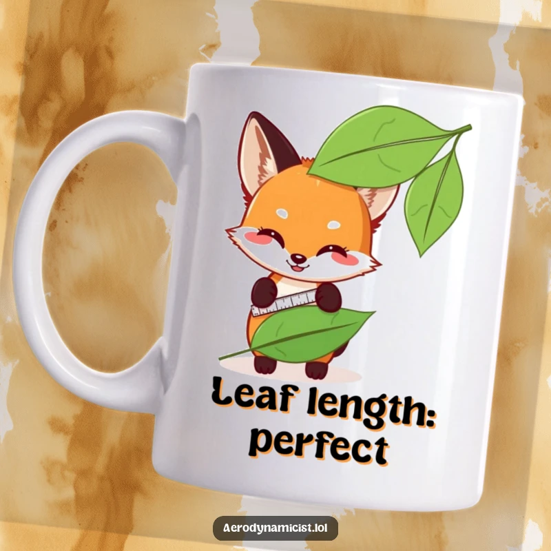Funny fox cub with a measuring tape, excitedly checking a leaf's sleekness on a white mug, showcasing its playful curiosity and humor.