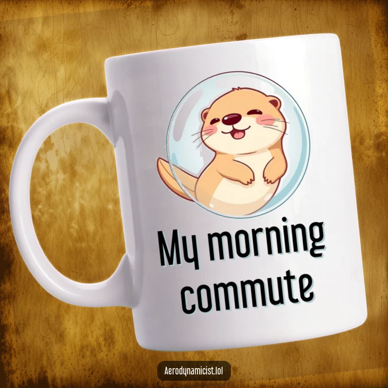 Funny mug featuring a giggling otter inside a transparent bubble, rapidly flying through the air, radiating pure, unadulterated joy and mischief.