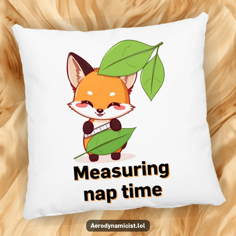 Funny fox cub with a measuring tape, measuring a leaf's sleekness on a soft pillow, creating a cozy and humorous atmosphere.