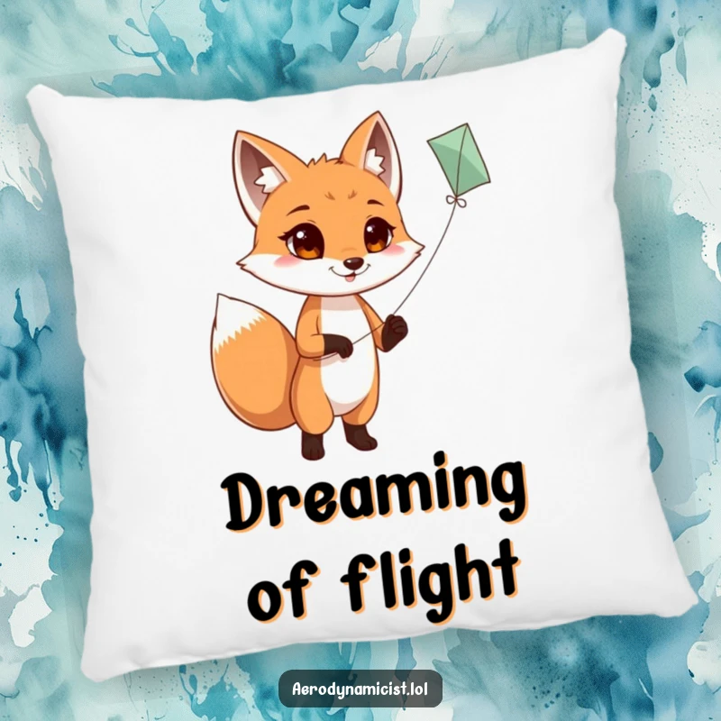 Funny Pillow: A determined fox with a happy tail, flying a kite in the sky, a soft and humorous decorative piece for ultimate comfort and smiles.