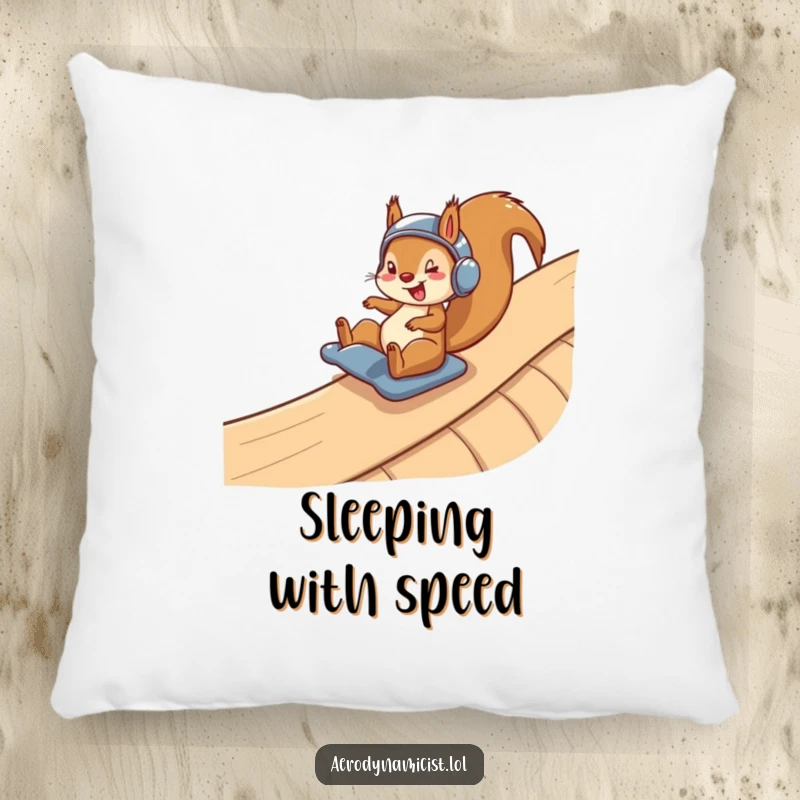 Funny Pillow: A happy squirrel in a helmet sliding down a winding ramp, a soft and humorous decorative piece for ultimate comfort and smiles.