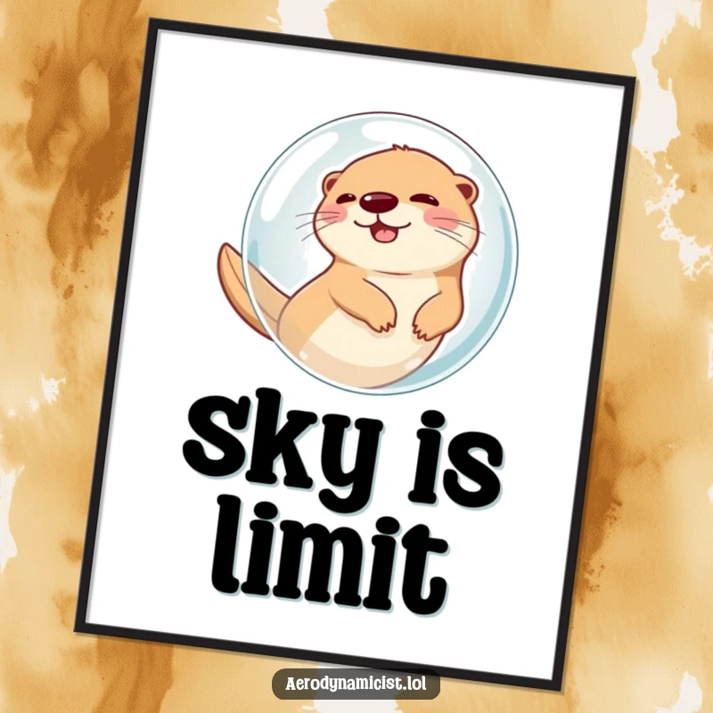 Funny Digital Art Print: A giggling otter joyfully suspended in a bubble, soaring rapidly through the air, embodying pure, comical delight for digital display.