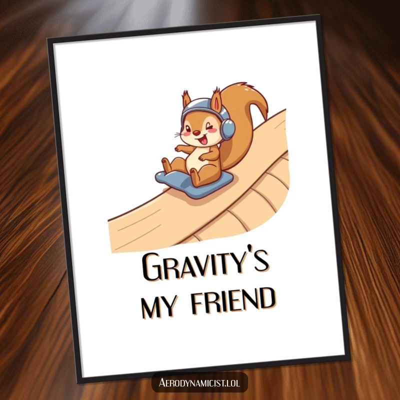 Funny Digital Art Print: A happy squirrel wearing a helmet, sliding down a winding ramp with pure joy, embodying thrilling speed and fun for digital display.