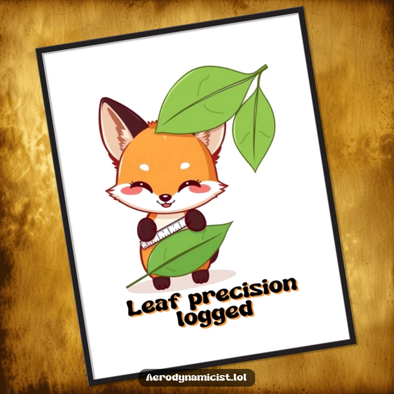 Funny fox cub with a measuring tape, checking leaf sleekness on a digital art print, delivering instant visual humor.