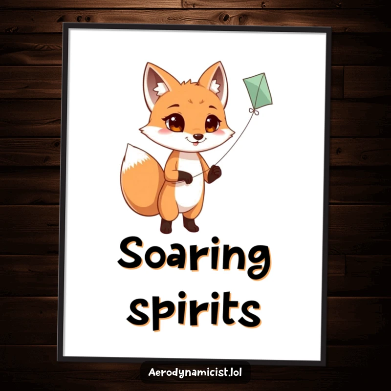 Funny Digital Art Print: A determined fox with a wagging tail, flying a kite high in the sky, embodying joyful determination and outdoor adventure for digital display.