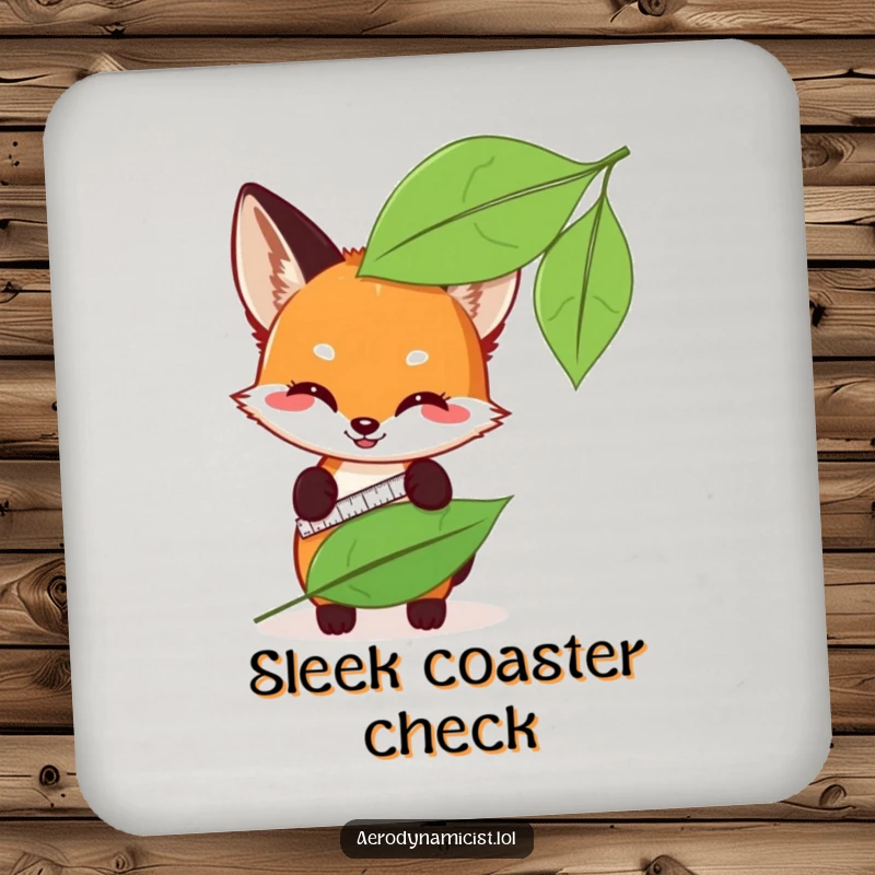 Funny fox cub with a measuring tape, measuring leaf sleekness on a drink coaster, adding humor to beverage protection.