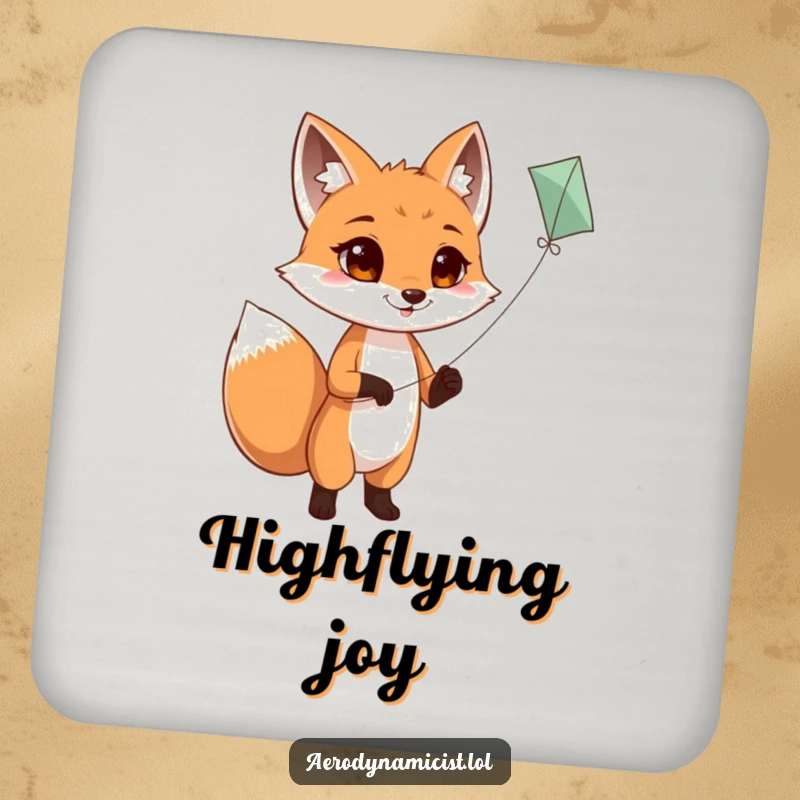 Funny Coaster: A determined fox with a wagging tail flying a kite, offering a humorous and protective barrier for your beverages against spills.