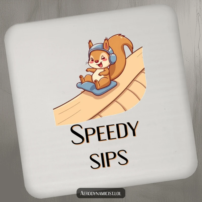 Funny Coaster: A happy squirrel in a helmet sliding down a winding ramp, offering a humorous and protective barrier for your beverages against spills.