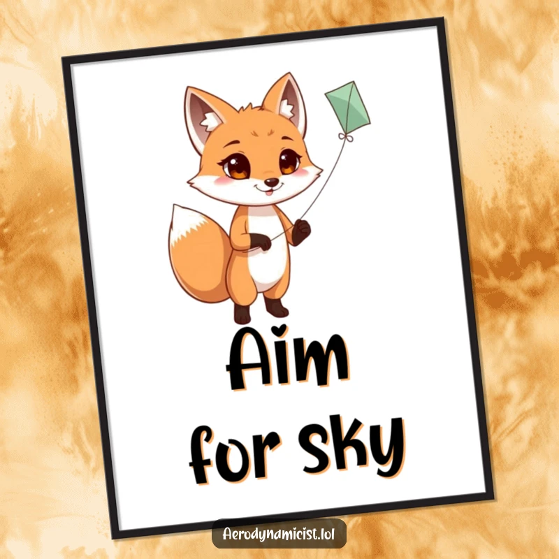 Funny Poster: A focused fox with its tail wagging enthusiastically, holding a kite string as its kite dances joyfully in the vast blue sky.