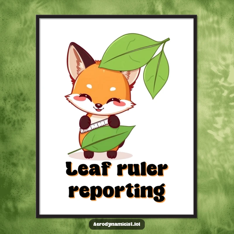 Funny fox cub with a measuring tape, checking leaf sleekness on a vibrant poster, illustrating its playful intelligence and humor.