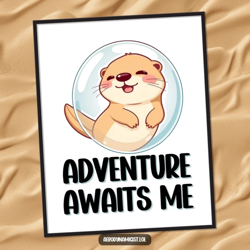 Funny Poster: A cheerful otter inside a transparent bubble, rapidly ascending through the air, creating a dynamic and humorous piece of wall art.