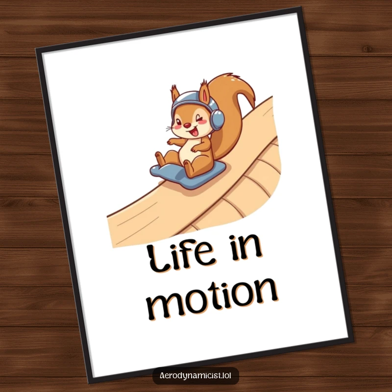 Funny Poster: A happy squirrel in a helmet, expertly sliding down a winding ramp with a look of pure joy and speed, creating dynamic wall art.