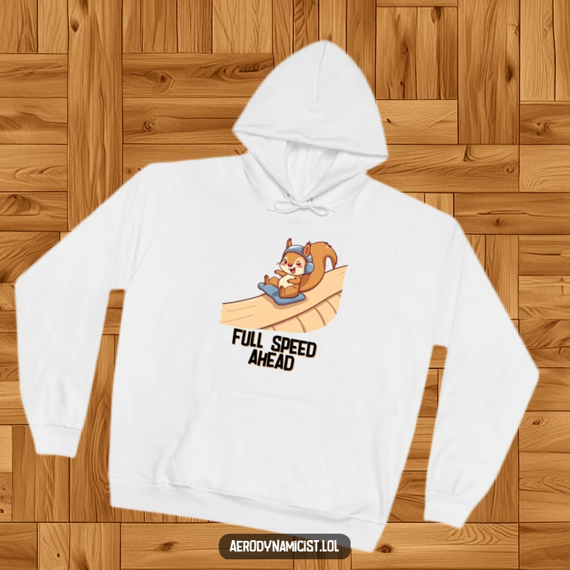 Funny Hoodie: A happy squirrel in a safety helmet navigating a winding ramp with speed, offering warm and humorous casual wear for adventure lovers.