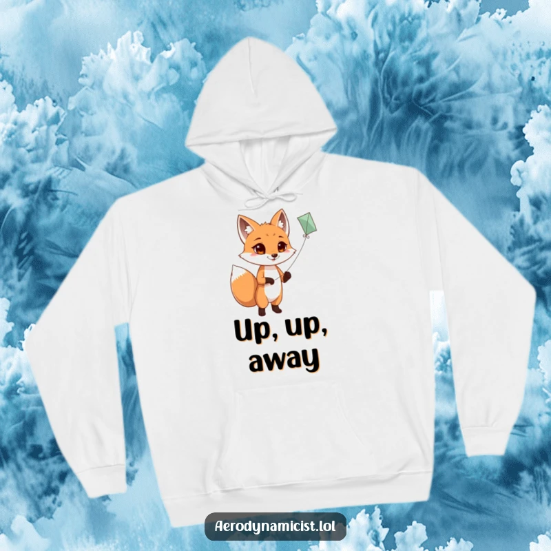 Funny Hoodie: A dedicated fox with its tail wagging, masterfully flying a kite against a bright sky, offering warm and humorous casual wear.
