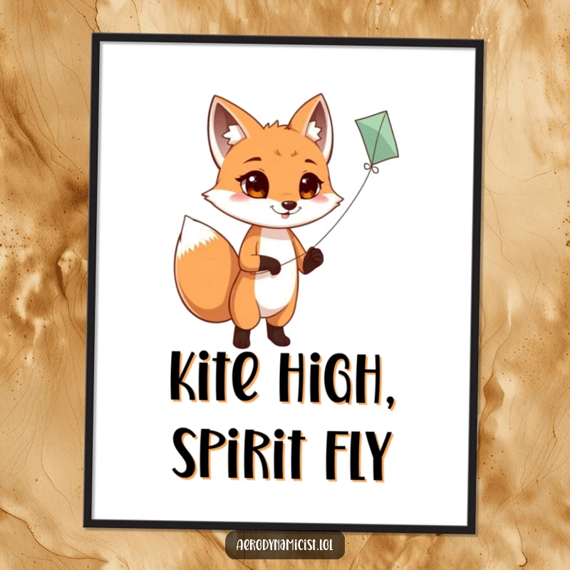 Funny Free Printable Wall Art: A smiling fox with a wagging tail, holding a kite string as a kite flies high.