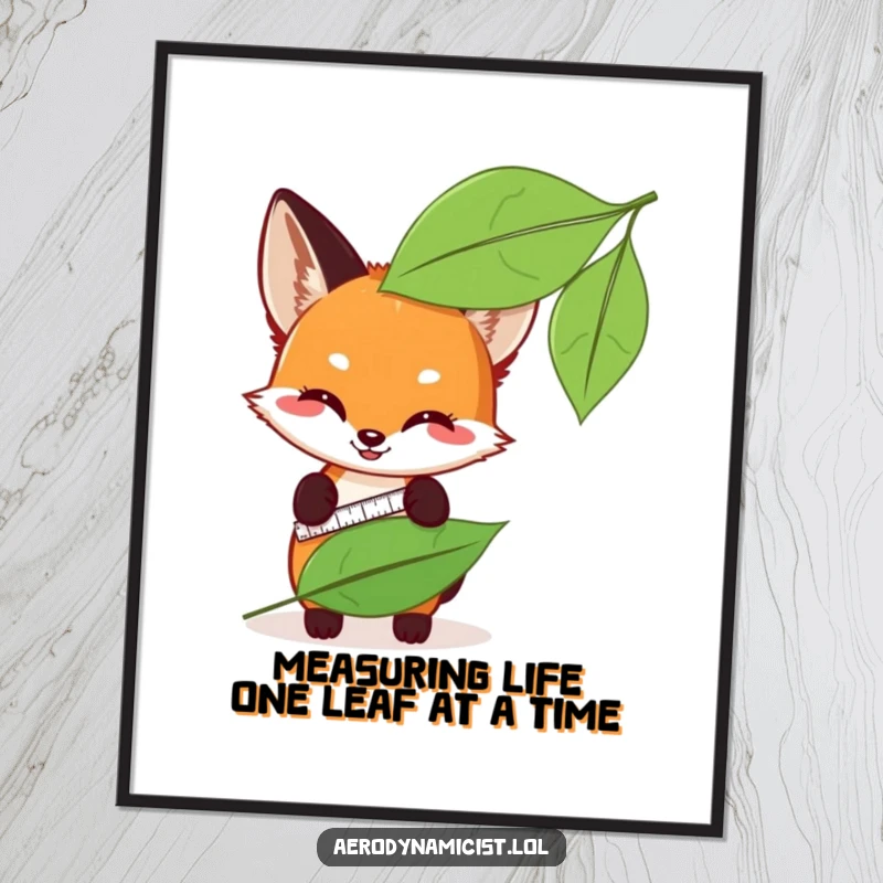 Funny Free Printable Wall Art: A smart fox cub using a measuring tape to gauge the sleekness of a leaf.