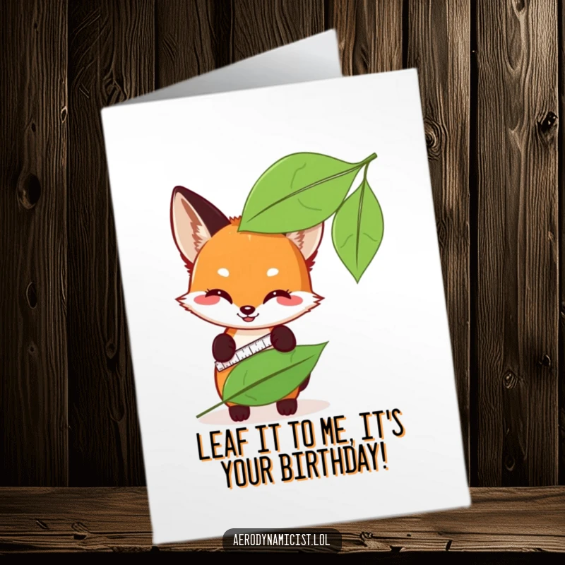 Funny Free Printable Birthday Card: Playful fox cub measuring leaf sleekness with a tape measure, looking smart.