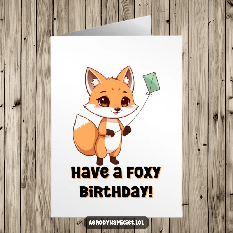 Funny Free Printable Birthday Card: Determined fox joyfully flying a kite, tail wagging, under a blue sky.