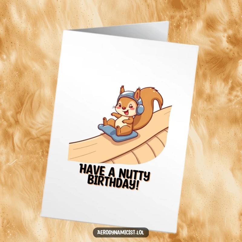 Funny Free Printable Birthday Card: Happy squirrel in a helmet speeding down a winding ramp, exhilarating fun.