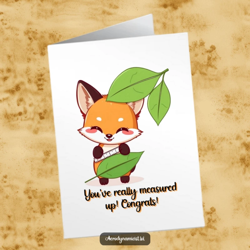 Funny Free Printable Congratulations Card: Smart fox cub with measuring tape checking leaf precision, celebrating success.
