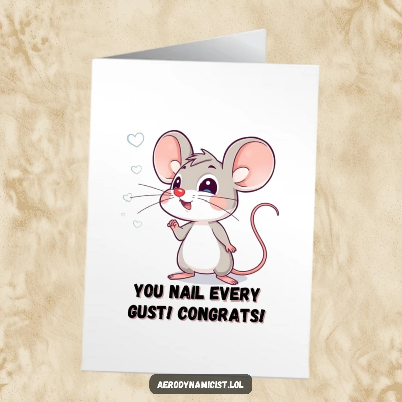 Funny Free Printable Congratulations Card: Energetic mouse with pointed ears observing wind with excitement, celebrating wins.