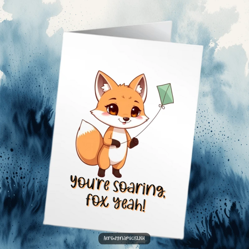 Funny Free Printable Congrats Card: Determined fox flying a kite, smiling, tail wagging, symbolizing an achievement.