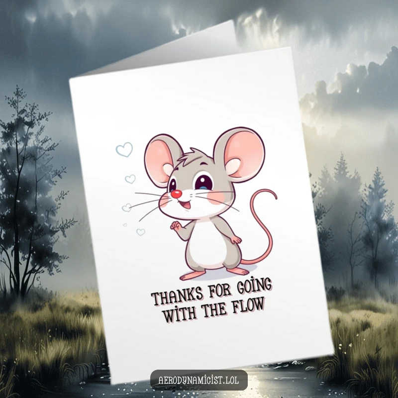 Funny Free Printable Thank You Card: An energetic mouse with pointed ears studying air currents, showing gratitude.