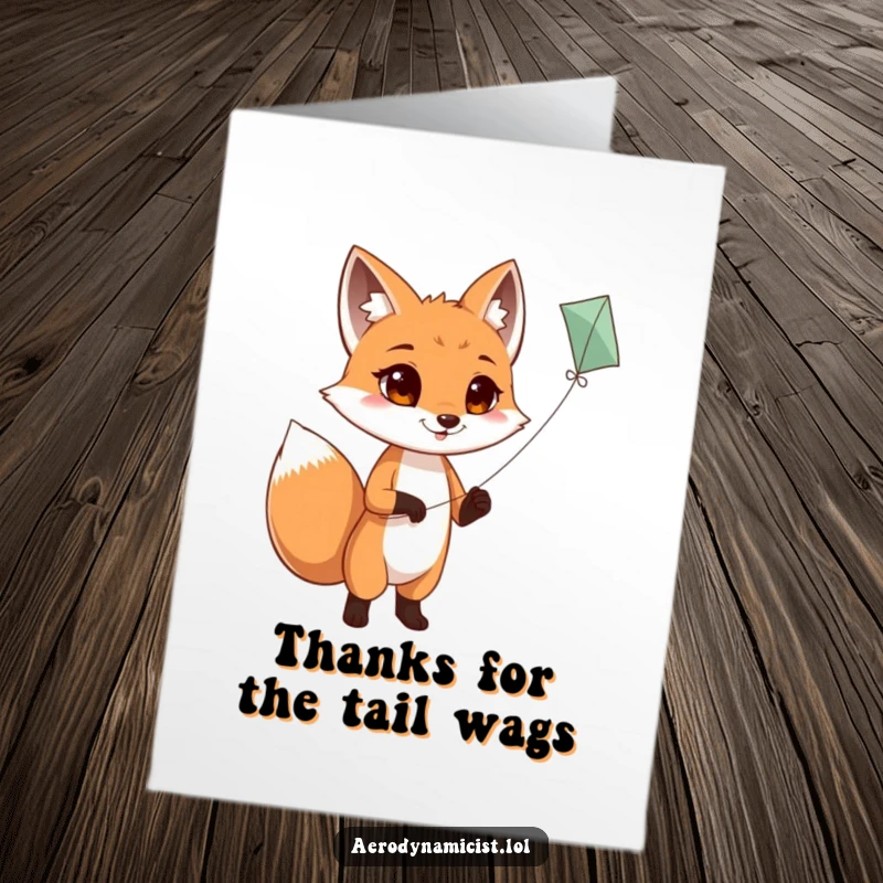 Funny Free Printable Thank You Card: Fox happily flying a kite, a cheerful thank you for assistance.