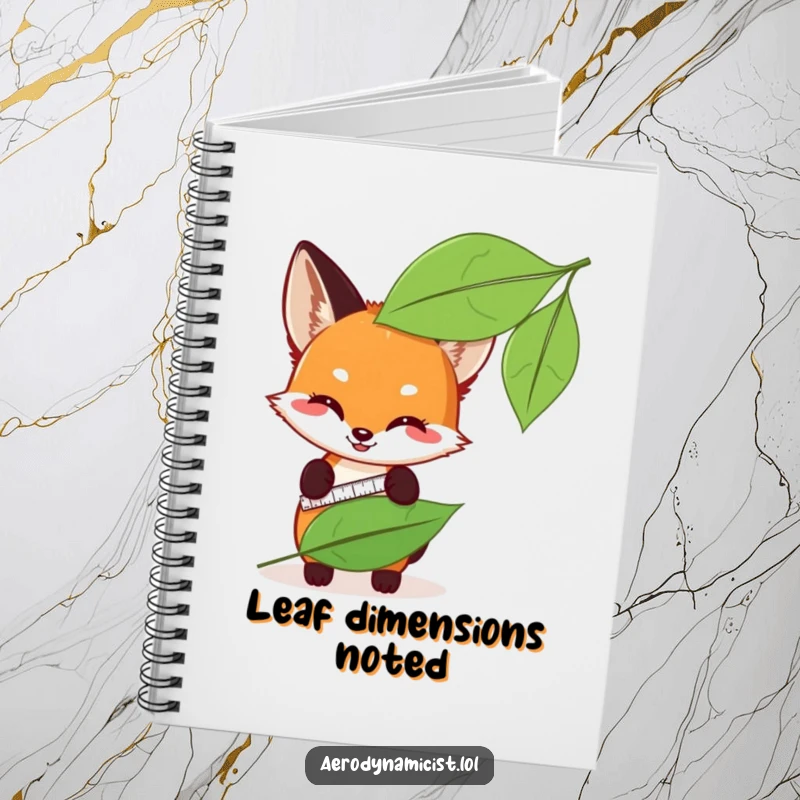 Funny fox cub with a measuring tape, checking leaf sleekness on a notebook cover, inspiring creative and humorous notes.