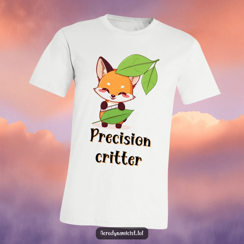 Funny fox cub with a measuring tape, enthusiastically checking a leaf's sleekness on a soft t-shirt, highlighting its playful nature.
