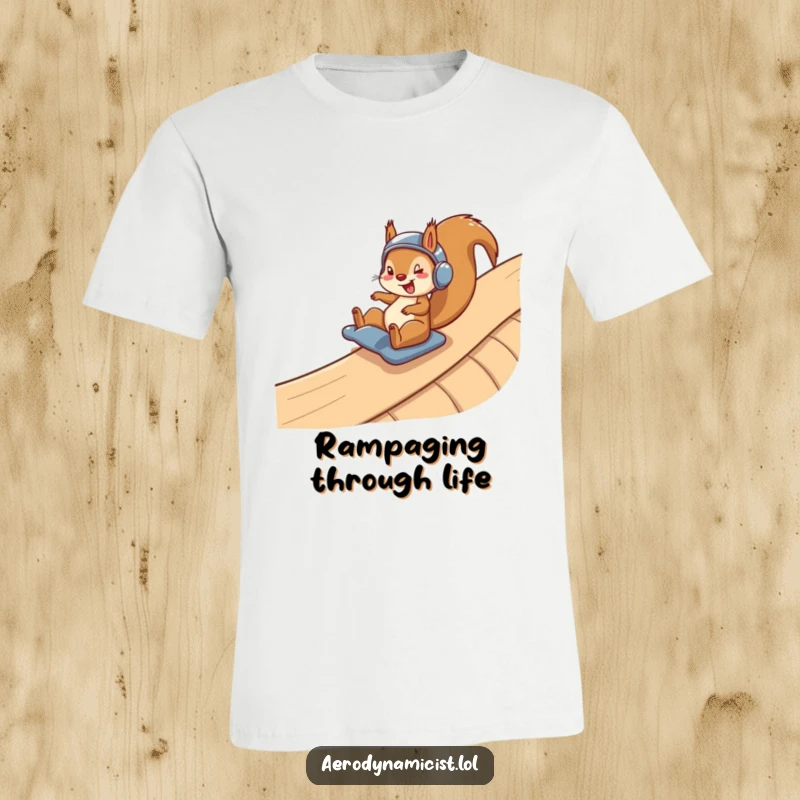 Funny T-Shirt: A joyful squirrel wearing a protective helmet, confidently sliding down a twisty ramp, capturing a moment of exhilarating speed and fun.