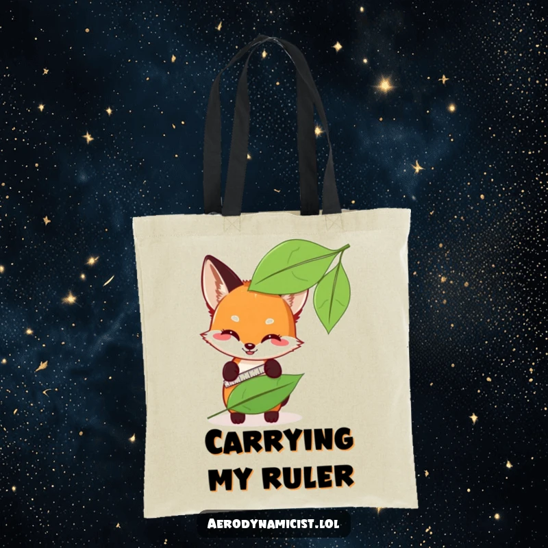 Funny fox cub with a measuring tape, measuring a leaf's sleekness on a durable tote bag, perfect for carrying humor.
