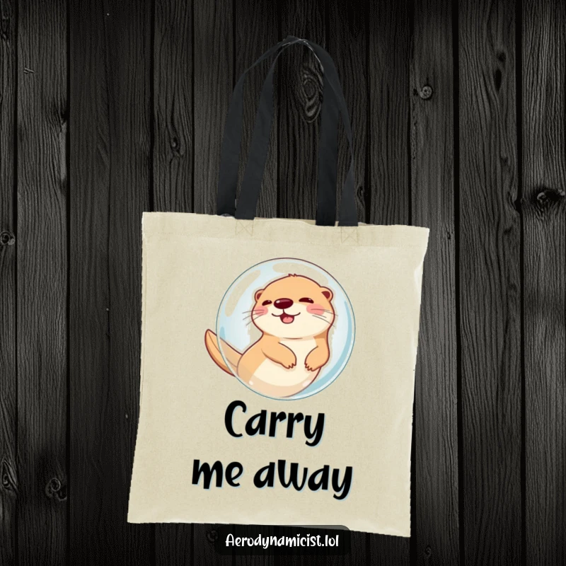 Funny Tote Bag: A giggling otter piloting a bubble through the air, a whimsical and humorous design perfect for carrying everyday items with a smile.