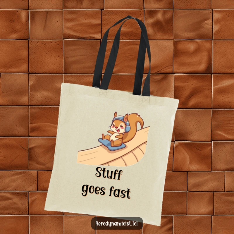 Funny Tote Bag: A happy squirrel wearing a helmet, speeding down a winding ramp, a whimsical and humorous design perfect for carrying everyday items.