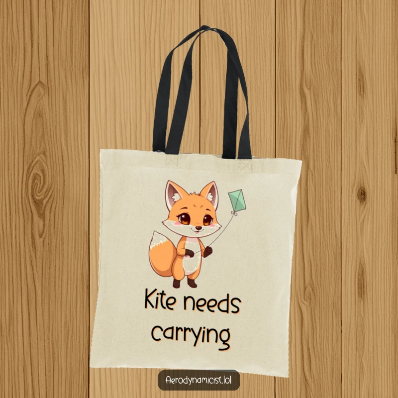 Funny Tote Bag: A determined fox with a happy, wagging tail, flying a kite high in the sky, a charming and humorous design for everyday use.